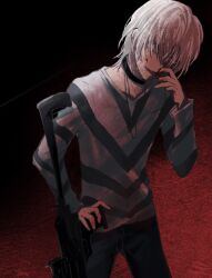 1boy accelerator_(toaru_majutsu_no_index) albino black_choker black_pants blood blood_on_face blood_on_hands cane choker cowboy_shot crutch diagonal-striped_shirt electrodes faux_traditional_media highres holding holding_cane holding_crutch long_sleeves looking_at_viewer official_alternate_costume pale_skin pants red_background red_eyes sanpaku shirt short_hair solo standing striped_clothes striped_shirt toaru_majutsu_no_index two-tone_shirt un_welcomed v-neck white_hair