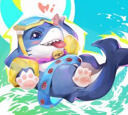 1boy blush collar commentary english_commentary english_text fangs fins fish_tail goggles goggles_on_head highres inflatable_armbands jeff_(marvel) looking_at_viewer male_focus marvel marvel_rivals name_tag open_mouth pawpads shark shark_fin shark_tail smile swim_ring tail tongue tongue_out water waving zhaowaaa