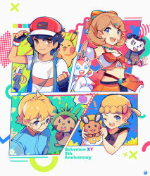 2boys 2girls absurdres ash_ketchum baseball_cap black_hair blonde_hair blue_jumpsuit bonnie_(pokemon) bow brown_eyes brown_hair chespin clemont_(pokemon) crop_top dedenne dress drooling fingerless_gloves food gen_1_pokemon gen_6_pokemon glasses gloves greninja hair_ornament hairclip hat highres idol idol_clothes jacket jewelry jumpsuit macaron midriff multiple_boys multiple_girls navel necklace nintendo one_eye_closed open_mouth pancham pikachu podayo_po pokemon pokemon_(anime) pokemon_(creature) pokemon_journeys pokemon_xy_(anime) ribbon serena_(pokemon) smile sunglasses sylveon