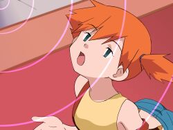 1girl :o absurdres aqua_shorts arched_back commentary_request empty_eyes eyelashes green_eyes hair_between_eyes half-closed_eyes hand_up highres hitsugi_mc indoors looking_up mind_control misty_(pokemon) nintendo open_mouth orange_hair pokemon pokemon_(anime) pokemon_(classic_anime) pokemon_ep043 shirt shorts side_ponytail sleeveless sleeveless_shirt solo suspenders suspenders_slip tongue yellow_shirt