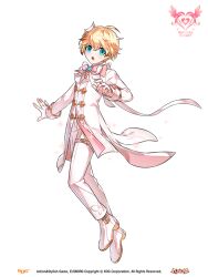 1boy ahoge aqua_eyes belt belt_buckle blonde_hair blue_brooch bow bowtie brown_hair buckle chung_seiker coat colored_tips company_name copyright_name copyright_notice determined dot_nose dress_pants dress_shoes elsword feather_hair_ornament feathers fingerless_gloves floating_clothes full_body game_cg gloves gold_buckle hair_between_eyes hair_ornament hwansang jewelry knee_up light_blush logo long_sleeves magical_boy male_focus multicolored_hair official_alternate_costume official_art open_mouth outstretched_hand pants ring second-party_source shoes short_hair sleeve_cuffs solo sparkle standing tachi-e tareme thigh_belt thigh_strap transparent_background white_belt white_bow white_bowtie white_coat white_gloves white_pants white_shoes