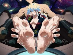 1boy 1girl barefoot blush breasts coat cross-shaped_pupils feet foot_croft foot_focus foreshortening hetero long_hair multicolored_hair naked_coat nia_teppelin open_clothes panties simon_(ttgl) sitting soles space symbol-shaped_pupils toes underwear white_panties