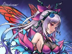1girl bare_shoulders breasts butterfly_wings facial_mark fairy_wings fire_emblem fire_emblem_heroes forehead_mark grey_hair grimaisbestwaifu high_ponytail insect_wings large_breasts long_hair nintendo official_alternate_costume plant_hair plumeria_(fire_emblem) plumeria_(rapturous_dream)_(fire_emblem) pointy_ears ponytail sideboob solo thorns wings