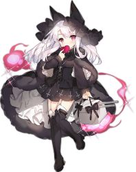 1girl alternate_costume azur_lane belt belt_buckle black_belt black_boots black_bow black_bowtie black_dress black_ribbon blush boots bow bowtie bright_pupils buckle cape cross cross_necklace dress erebus_(azur_lane) erebus_(illusory_happiness)_(azur_lane) female_focus floating_hair full_body garter_straps gothic_lolita hair_between_eyes heart holding jewelry kneehighs lolita_fashion long_hair necklace official_art over-kneehighs pink_eyes pink_pupils platform_boots platform_footwear ribbon saru sash ship_turret short_dress socks solo sparkle thighhighs torn_clothes transparent_background white_hair white_socks