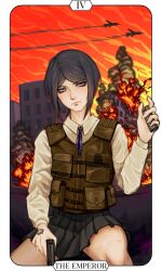 1girl black_hair black_skirt building card closed_mouth commentary danganronpa_(series) english_commentary english_text explosion explosion_background freckles grey_eyes gun highres holding holding_gun holding_weapon ikusaba_mukuro jacket looking_at_viewer military orange_sky ron_bright serious short_hair skirt sky solo tarot tarot_card the_emperor_(tarot) war weapon white_jacket