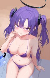 1girl absurdres alternate_costume bare_arms bare_shoulders belly bikini blue_archive blush breasts cleavage closed_mouth eikawa_suru finger_to_face hair_between_eyes highres large_breasts licking_lips long_hair looking_at_viewer navel purple_bikini purple_eyes purple_hair sidelocks sitting smile swimsuit tongue tongue_out two_side_up yuuka_(blue_archive)