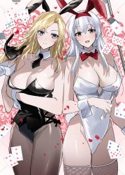 Rule 34 | 2girls, alternate costume, animal ears, black leotard, black necktie, blonde hair, bow, bowtie, breasts, brown eyes, card, cleavage, commentary request, cowboy shot, detached collar, fake animal ears, fake tail, fishnet thighhighs, fishnets, grey eyes, highleg, highleg leotard, highres, hornet (kancolle), ichimonme (ichi), kantai collection, large breasts, leotard, multiple girls, necktie, pantyhose, playboy bunny, playing card, rabbit ears, rabbit tail, shoukaku (kancolle), strapless, strapless leotard, tail, thighhighs, traditional bowtie, white hair, white leotard, wrist cuffs
