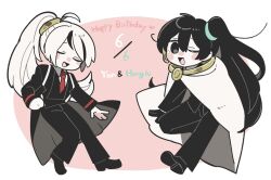 2boys birthday_connection black_hair cape closed_eyes full_body high_ponytail highres hong_lu_(project_moon) kojocho05 lcb_uniform_(project_moon) library_of_ruina limbus_company long_hair looking_at_viewer multicolored_hair multiple_boys one_eye_closed open_mouth ponytail project_moon side_ponytail smile streaked_hair very_long_hair white_cape white_hair yan_vismok