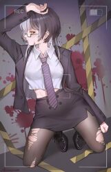 1girl absurdres amaterasu_(artist) black_hair black_jacket black_pantyhose black_shoes black_skirt blood blood_on_wall collared_shirt diagonal-striped_clothes diagonal-striped_necktie dress_shoes ear_piercing glasses grey_hair highres hololive hololive_english jacket kneeling miniskirt multicolored_hair necktie office_lady pantyhose piercing purple_necktie shiori_novella shirt shoes skirt solo split-color_hair striped_clothes suit_jacket torn_clothes torn_pantyhose two-tone_hair virtual_youtuber white_shirt yellow_eyes