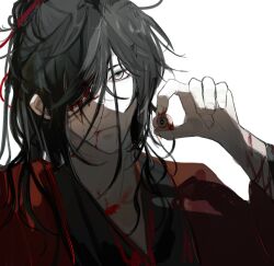 1boy aaawwwssslll bishounen black_hair black_hanfu blood blood_from_mouth blood_on_arm blood_on_clothes blood_on_face blood_on_hands blood_on_neck bloody_tears chinese_clothes chinese_commentary closed_mouth coat dao_gui_yi_xian grey_eyes guro hair_bun hair_over_one_eye half_updo hand_up hanfu highres holding holding_eyeball li_huowang long_hair looking_at_viewer male_focus messy_hair one_eye_covered red_coat red_eyes shade simple_background single_hair_bun solo upper_body white_background