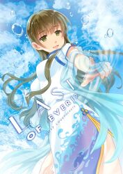 Rule 34 | 1girl, air bubble, akanegasaki sora, bubble, china dress, chinese clothes, dress, ever 17, flower, green eyes, green hair, long hair, outstretched arm, pelvic curtain, rose, shawl, short sleeves, side slit, smile, solo, submerged, takigawa yuu, underwater, very long hair