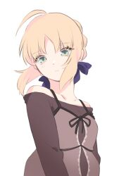 1girl ahoge artoria_pendragon_(fate) blonde_hair braid brown_shirt commentary fate/hollow_ataraxia fate_(series) frown green_eyes hair_ribbon highres off-shoulder_shirt off_shoulder ribbon saber_(fate) shirt sidelocks solo suzuakks upper_body