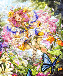 1girl ahoge apple972 bug butterfly cross-laced_footwear dress female_focus flower hair_flower hair_ornament head_wreath insect inzup long_hair nature original petals pink_hair smile solo tree very_long_hair yellow_eyes