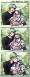 !? 1boy 3girls 3koma ? alternate_costume artist_name baby baby_carry black_hair black_shirt male_byleth_(enlightened)_(fire_emblem) male_byleth_(fire_emblem) carrying closed_eyes closed_mouth comic family father_and_daughter fire fire_emblem fire_emblem:_three_houses green_eyes green_hair hair_ornament hand_on_another&#039;s_shoulder happy headband hetero highres holding if_they_mated kari_avalon kiss long_hair long_sleeves lysithea_von_ordelia lysithea_von_ordelia_(timeskip) mother&#039;s_day mother_and_daughter multiple_girls nintendo open_mouth pink_eyes scarf shirt short_hair smile upper_body veil white_hair