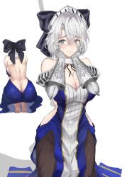 1girl 96mako absurdres ass backless_dress backless_outfit barefoot black_ribbon black_skirt blue_dress blue_eyes blush breasts brown_dust_(series) brown_dust_2 butt_crack cleavage closed_mouth dress full_body gauntlets grey_hair hair_between_eyes hair_ribbon hands_on_own_cheeks hands_on_own_face highres large_breasts large_ribbon looking_at_viewer mole mole_on_breast multiple_views ribbon seiza shadow short_hair sideless_dress simple_background sitting skirt soles teresse_(angel_of_destruction)_(brown_dust) teresse_(brown_dust) tiara white_background
