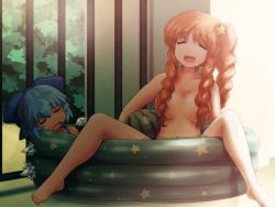 2girls alternate_hairstyle backlighting blue_hair bow braid breasts brown_hair censored censored_nipples cirno closed_eyes completely_nude convenient_censoring day hair_bow hair_censor hair_ornament hong_meiling long_hair medium_breasts multiple_girls navel nude nudist open_mouth outdoors parted_bangs partially_submerged shirosato short_hair side_ponytail smile spread_legs star_(symbol) stomach summer swimsuit touhou twin_braids wading_pool water
