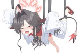 Rule 34 | 1girl, ahoge, barefoot, black hair, black horns, black tail, blue archive, blush, bound, closed eyes, coat, collared shirt, crying, crying kasumi (blue archive) (meme), demon girl, demon horns, demon tail, hair intakes, halo, hanging, highres, horns, kasumi (blue archive), lab coat, long hair, meme, open mouth, red halo, red shirt, sandals, shirt, sleeves past fingers, sleeves past wrists, solo, sweatdrop, tail, tears, tied up (nonsexual), trembling, ugaaaa1, white background, white coat