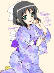 2022 black_hair blush dated floral_print green_eyes highres japanese_clothes kanna_(plum) kimono kohinata_miku numbered open_mouth painttool_sai_(medium) ribbon sash senki_zesshou_symphogear shiny_skin short_hair simple_background smile twitter_username yukata