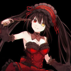 1girl black_background black_hair closed_mouth date_a_live dress frilled_dress frills gun heterochromia highres holding holding_gun holding_weapon long_hair looking_at_viewer red_dress red_eyes saint_laurent_paris smile solo tokisaki_kurumi twintails very_long_hair weapon yellow_eyes