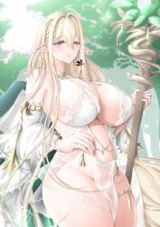 Rule 34 | 1girl, azur lane, bare shoulders, blonde hair, breasts, cleavage, detached sleeves, earrings, elf, gem, gouden leeuw (azur lane), green gemstone, gudon (iukhzl), hair between eyes, highres, holding, holding staff, huge breasts, jewelry, long hair, looking at viewer, mole, mole under eye, pelvic curtain, pointy ears, pubic tattoo, purple eyes, revealing clothes, see-through clothes, see-through pelvic curtain, solo, staff, stomach, tattoo, very long hair