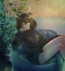 Rule 34 | 1girl, ahoge, alternate costume, arknights, armchair, bare legs, breasts, brown hair, chair, closed mouth, commentary, elbow gloves, feather hair, feet out of frame, film grain, glasses, gloves, grey shorts, grey sweater, hair between eyes, hand on own knee, head rest, heavy film grain, highres, hizume (hizumium), layered clothes, layered sleeves, light frown, looking at viewer, medium hair, on chair, owl ears, owl girl, plant, rhine lab logo, rimless eyewear, round eyewear, short shorts, shorts, sidelocks, silence (arknights), sitting, small breasts, solo, sweater, thighs, turtleneck, turtleneck sweater, yellow eyes