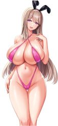 1girl absurdres animal_ear_hairband animal_ears arm_at_side arm_up bikini black_hairband breasts brown_hair cameltoe chichizaki_suina cleavage derauea earrings fake_animal_ears game_cg hairband highres hoop_earrings huge_breasts jewelry light_blush long_hair looking_at_viewer motto!_haramase!_honoo_no_oppai_isekai_oppai_bunny_gakuen! navel non-web_source nontraditional_playboy_bunny official_art open_mouth pink_bikini purple_eyes rabbit_ear_hairband rabbit_ears skindentation smile solo standing swimsuit tachi-e thong_bikini transparent_background