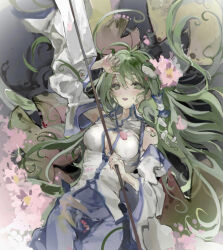 1girl arm_up armpits bare_shoulders blue_skirt blue_trim blush breasts breasts_apart collared_shirt cowboy_shot dated_commentary detached_sleeves flower frog_hair_ornament gohei green_eyes green_hair hair_ornament hair_tubes hand_on_own_head highres holding holding_gohei kochiya_sanae lily_pad long_hair long_sleeves looking_at_viewer lying lying_on_water nontraditional_miko on_back open_mouth pink_flower pink_petals revision sesmkun shirt single_hair_tube skirt sleeveless sleeveless_shirt smile snake_hair_ornament solo touhou very_long_hair water wet wet_hair white_shirt white_sleeves wide_sleeves