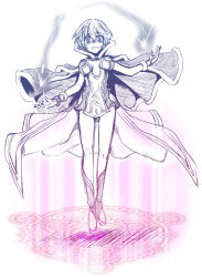 1girl arima_natsubon boots breasts cape commentary_request dress electricity electrokinesis floating full_body gloves high_wizard_(ragnarok_online) kathryne_keyron looking_at_viewer magic magic_circle medium_breasts open_mouth ragnarok_online shaded_face short_dress short_hair simple_background sketch smile solo standing standing_on_magic_circle two-tone_dress underlighting