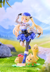 Rule 34 | absurdres, basket, black corset, black gloves, blonde hair, blue dress, blue footwear, blue hat, blurry, blurry background, boots, commentary, corset, cropped jacket, day, dokibird (vtuber), dokibird (vtuber) (retro doki), dokibird (vtuber) (tomato), dragoon (dokibird), dress, english commentary, figure, figure stage, figure stand, fingerless gloves, full body, gloves, grass, green eyes, grey jacket, hat, highres, indie virtual youtuber, jacket, juicybons, knee boots, one eye closed, outdoors, photo (medium), single leg pantyhose, sky, standing, standing on one leg, tomato, twintails, virtual youtuber