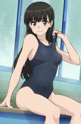 Rule 34 | 1girl, amagami, ayatsuji tsukasa, black hair, black one-piece swimsuit, breasts, clothes pull, competition swimsuit, feet out of frame, grey eyes, kippei, long hair, looking at viewer, one-piece swimsuit, one-piece swimsuit pull, sitting, small breasts, solo, swimsuit