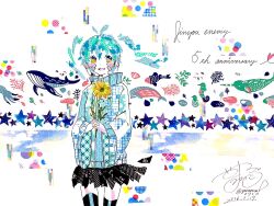 1girl 2016 abstract anniversary antenna_hair black_hair black_skirt black_thighhighs blonde_hair blue_eyes blue_hair blue_sweater collared_sweater commentary cowboy_shot dated ene_(kagerou_project) facial_mark fish flower highres holding holding_flower jinzou_enemy_(vocaloid) kagerou_project long_hair long_sleeves masking_tape_(medium) mixed_media multicolored_eyes narwhal nemuri! octopus open_mouth signature skirt smile solo song_name star_(symbol) sweater swimsuit thighhighs traditional_media twintails twitter_username two-tone_eyes unconventional_media whale white_background wide_sleeves yellow_flower zettai_ryouiki