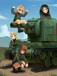 4girls :o absurdres anger_vein angry black_footwear black_skirt black_socks blue_sky brown_headwear chance8000 chinese_commentary clara_(girls_und_panzer) closed_eyes closed_mouth cloud cloudy_sky commentary day fang frown fur_hat girls_und_panzer grass green_jacket hat highres jacket katyusha_(girls_und_panzer) kv-2 loafers long_hair long_sleeves looking_at_another military military_vehicle miniskirt motor_vehicle multiple_girls nina_(girls_und_panzer) nonna_(girls_und_panzer) open_mouth outdoors pleated_skirt pravda_school_uniform raised_fists red_shirt school_uniform shadow shirt shoes short_hair sitting skirt sky smile socks squatting standing t_t tank turtleneck ushanka