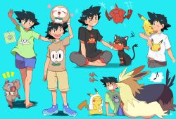 Rule 34 | &gt; &lt;, +++, 1boy, :3, = =, aqua background, ash ketchum, barefoot, black hair, black shirt, blue eyes, blue shoes, blush, bright pupils, brown eyes, brown shirt, brown shorts, closed eyes, commentary request, crossed legs, eighth note, flower sprite (pokemon), gen 1 pokemon, gen 4 pokemon, gen 5 pokemon, gen 7 pokemon, green shirt, grey pants, hand on another&#039;s chin, licking, licking another&#039;s face, litten, musical note, nintendo, notice lines, official alternate costume, on head, on shoulder, open mouth, outstretched arms, pants, pikachu, pirohi (pirohi214), pokedex, pokemon, pokemon (anime), pokemon (creature), pokemon on head, pokemon on shoulder, pokemon sm (anime), reptile sprite (pokemon), rockruff, rotom, rotom dex, rowlet, saliva, shirt, shoes, short hair, short sleeves, shorts, simple background, sitting, smile, spiked hair, spoken musical note, spread arms, stoutland, surf sprite (pokemon), t-shirt, teeth, tongue, towel, towel on head, upper teeth only, white pupils, z-ring