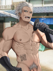 1boy abs absurdres asa_ifrit_(asaifrit) bara black_gloves completely_nude facial_scar fate/grand_order fate_(series) forked_eyebrows frown gloves groin head_tilt highres large_pectorals looking_at_viewer male_focus male_pubic_hair muscular muscular_male nagakura_shinpachi_(fate) navel nipples nude obliques out-of-frame_censoring over_shoulder pectorals pubic_hair scar scar_on_cheek scar_on_face short_hair solo stomach sword sword_over_shoulder thick_eyebrows tsurime v-taper wavy_hair weapon weapon_over_shoulder white_hair