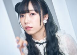 Rule 34 | 1girl, black hair, blue nails, dress, earrings, indoors, japanese (nationality), jewelry, kobayashi aika, lipstick, long hair, looking at viewer, makeup, photo (medium), voice actor, white dress