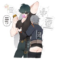 1girl 2boys arm_up artist_name ass biceps black_shirt blonde_hair chewing_gum clothes_pull english_text grabbing_another&#039;s_breast green_hair grey_hair groping highres jacket lighter_(zenless_zone_zero) long_hair luciana_de_montefio male_focus male_masturbation masturbation motion_blur motion_lines multiple_boys multiple_scars muscular muscular_male nyantcha pants pants_pull penis scar shirt short_hair side_ponytail smelling smelling_armpit sound_effects sweat sweatdrop tight_clothes wise_(zenless_zone_zero) yaoi zenless_zone_zero