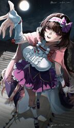 1girl animal_print artist_name bat_print bow bow_hairband breasts brown_hair cape fate/grand_order fate_(series) full_body full_moon hairband highres hood hooded_cape large_breasts looking_at_viewer mat_uskr_tam moon night night_sky open_mouth osakabehime_(fate) outstretched_arm pink_bow pink_cape pink_eyes purple_skirt shirt short_hair skirt sky smile socks solo teeth twitter_username upper_teeth_only white_hairband white_shirt white_socks
