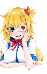 1girl absurdres akai_haato akai_haato_(1st_costume) aqua_eyes arm_under_breasts artist_name blonde_hair breasts collared_shirt commentary_request crazy_eyes crazy_smile elbows_on_table empty_eyes evil_smile eyepatch hair_ornament hair_ribbon hand_on_own_cheek hand_on_own_face head_rest heart heart_eyepatch heart_hair_ornament highres hololive kuuneru514 large_breasts long_hair looking_at_viewer medical_eyepatch neck_ribbon one_side_up red_ribbon ribbon shirt short_sleeves simple_background smile solo virtual_youtuber white_background white_shirt
