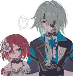 ... 1boy 1girl absurdres anaxa_(honkai:_star_rail) aqua_hair bare_shoulders black_jacket blue_eyes eyepatch hair_over_one_eye highres hinay_2 honkai:_star_rail honkai_(series) jacket one_eye_covered red_hair simple_background spoken_ellipsis trianne_(honkai:_star_rail) white_background