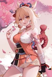 1girl absurdres bandages breasts commentary_request fingerless_gloves flower genshin_impact gloves hair_ornament highres japanese_clothes kimono looking_at_viewer medium_breasts mxr open_mouth orange_eyes orange_hair orange_kimono sarashi smile solo tattoo yoimiya_(genshin_impact)