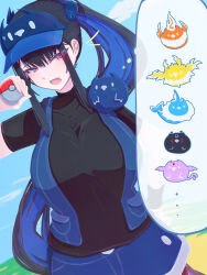 1girl alternate_costume alternate_hairstyle black_hair black_shirt blue_hair blue_hat blue_jacket breasts cleavage colored_inner_hair demon_horns hat highres holding holding_poke_ball hololive hololive_english horns jacket jailbird_(nerissa_ravencroft) large_breasts looking_at_viewer mole mole_under_eye multicolored_hair nerissa_ravencroft nintendo open_mouth poke_ball poke_ball_(basic) pokemon ponytail qwq_oekaki red_eyes shirt solo virtual_youtuber