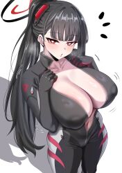 1girl absurdres black_hair blue_archive blush bodysuit breasts cleavage commentary_request full_body hair_ornament halo highres large_breasts long_hair looking_at_viewer navel parted_lips ponytail red_eyes ringed_eyes rio_(blue_archive) rio_(bodysuit)_(blue_archive) shadow simple_background solo variant_set very_long_hair white_background woo_(woosan)