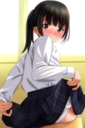 Rule 34 | 1girl, absurdres, black hair, blue skirt, blush, breasts, brown eyes, closed mouth, clothes lift, commentary request, from behind, highres, indoors, lifting own clothes, long sleeves, looking at viewer, looking back, matsunaga kouyou, medium hair, miniskirt, nose blush, original, panties, plaid clothes, plaid skirt, ponytail, shirt, sitting, skirt, skirt lift, small breasts, solo, underwear, white panties, white shirt