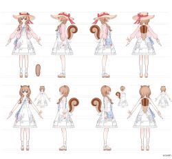 1girl absurdres acorn animal_ears artist_request ayunda_risu ayunda_risu_(holonatsu_paradise) bag braid brown_hair cardigan dress full_body green_eyes hair_over_shoulder handbag hat highres hololive hololive_indonesia holonatsu_paradise long_hair multiple_views official_alternate_costume pink_cardigan reference_sheet sleeveless sleeveless_dress smile socks squirrel_ears squirrel_girl squirrel_tail straw_hat sundress tail twintails virtual_youtuber white_dress