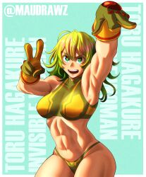 1girl :d absurdres blush boku_no_hero_academia border breasts character_name commentary deku&#039;s_photo_of_hagakure_toru english_commentary gloves green_eyes green_gloves green_hair green_panties hagakure_toru highres long_hair looking_at_viewer maudrawz messy_hair muscular muscular_female navel official_alternate_costume open_mouth panties simple_background smile solo thighs toned toned_female turtleneck_bikini_top twitter_username two-tone_gloves underwear unusually_visible v w white_border