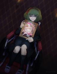 1girl 2girls black_dress black_footwear bow candlelight danganronpa_(series) danganronpa_another_episode:_ultra_despair_girls drawing_(object) dress ears enoshima_junko eyebrows_hidden_by_hair full_body green_eyes green_hair grin hair_bow hair_ribbon hairband headband highres holding holding_photo knees_together_feet_apart looking_at_viewer mary_janes matching_hair/eyes multiple_girls nose on_chair photo_(object) picture_frame red_bow red_hairband red_headband red_headwear red_ribbon ribbon shoes sitting smile superkiiisa teeth towa_monaca wallpaper_(object) wheel wheelchair white_footwear