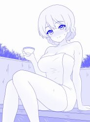 Rule 34 | 1girl, blue theme, braid, breasts, closed mouth, commentary, cup, darjeeling (girls und panzer), girls und panzer, holding, holding cup, looking at viewer, medium breasts, monochrome, naked towel, onsen, shira14, short hair, sitting, smile, solo, sweat, teacup, towel, twin braids