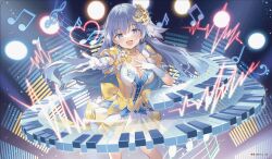 1girl absurdres audio_visualizer blue_eyes blue_hair breasts cleavage crescent crescent_hair_ornament date_a_live dress earrings elbow_gloves flower gloves hair_flower hair_ornament highres idol_clothes izayoi_miku jewelry long_hair looking_at_viewer medium_breasts multicolored_dress musical_note open_mouth piano_keys puffy_short_sleeves puffy_sleeves rie_(reverie) short_sleeves smile solo stage_lights yellow_dress