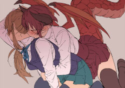 2girls anne_(shingeki_no_bahamut) biting black_thighhighs blonde_hair blue_vest collared_shirt dragon_girl dragon_horns dragon_tail dragon_wings granblue_fantasy grea_(shingeki_no_bahamut) highres horns hug hug_from_behind kneeling long_sleeves looking_to_the_side manaria_friends mokutan_mmmm multiple_girls neck_biting pointy_ears red_hair red_skirt shingeki_no_bahamut shirt short_hair skirt tail thighhighs vest white_shirt wings
