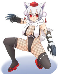 1girl absurdres alternate_costume animal_ear_fluff animal_ears big_mouse black_gloves black_leotard black_thighhighs bodystocking breasts clawed_gauntlets cleavage closed_mouth commentary_request detached_sleeves double-parted_bangs elbow_gloves fishnet_bodystocking fishnets frown fur_collar geta gloves hair_between_eyes hat highres inubashiri_momiji large_breasts leotard light_blush long_claws looking_at_viewer pom_pom_(clothes) red_eyes red_hair red_shoes shoes short_hair sideboob simple_background solo squatting tengu-geta thighhighs tokin_hat touhou v-shaped_eyebrows white_background white_hair wolf_ears wolf_girl